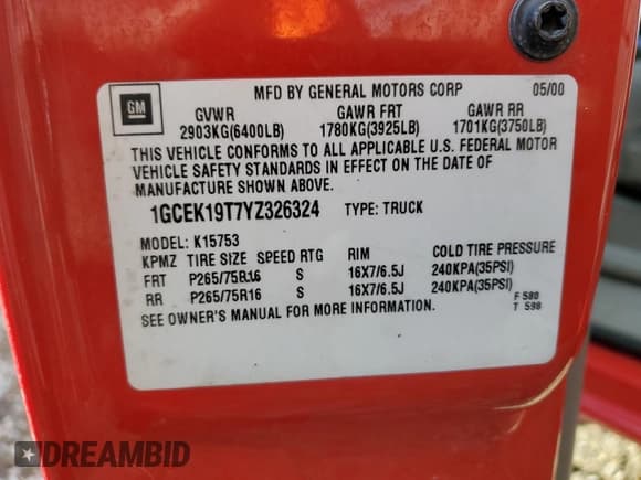 ✅ 2000 Chevrolet Silverado 1500 • VIN: 1GCEK19T7YZ326324 • Лот: 91677275. Опубликован ранее на Copart с пробегом 234 558 миль. Бесплатный доступ к архиву аукционных продаж из США и подробный отчёт об истории автомобиля на DreamBid. Изображение 13.