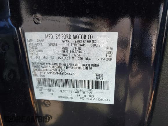 ✅ 2008 Ford F-150 XL • VIN: 1FTRW12W48KD44735 • Lot: 43614999. Listed on IAAI with 176,683 mi. Free auction sales archive from the USA and detailed vehicle history report at DreamBid. Image 9.