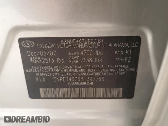 ✅ 2008 Hyundai Sonata GLS • VIN: 5NPET46C68H397766 • Лот: 79293664. Опубликован ранее на Copart с пробегом Не указан. Бесплатный доступ к архиву аукционных продаж из США и подробный отчёт об истории автомобиля на DreamBid. Изображение 15.