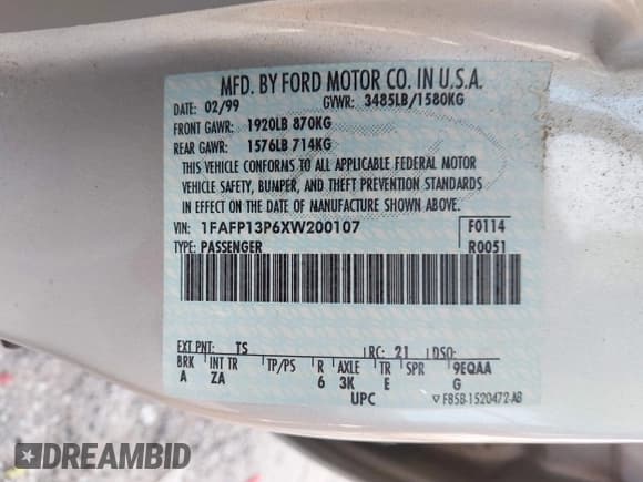 ✅ 1999 Ford Escort SE • VIN: 1FAFP13P6XW200107 • Lot: 42600719. Listed on IAAI with 113,515 mi. Free auction sales archive from the USA and detailed vehicle history report at DreamBid. Image 9.