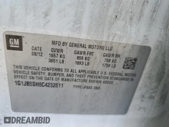 ✅ 2012 Chevrolet Sonic LS • VIN: 1G1JB5SH8C4232611 • Lot: 59201815. Listed on Copart with 155,438 mi. Free auction sales archive from the USA and detailed vehicle history report at DreamBid. Image 12.