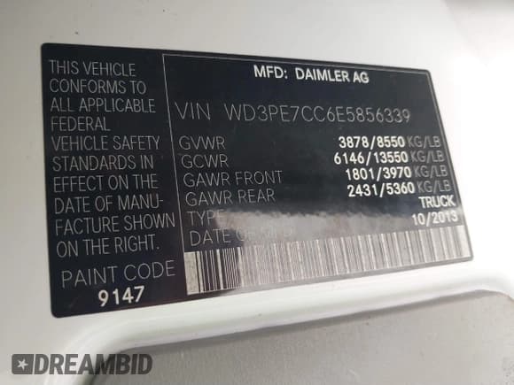 ✅ 2014 Mercedes-Benz Sprinter Cargo • VIN: WD3PE7CC6E5856339 • Lot: 39816320. Listed on IAAI with 148,353 mi. Free auction sales archive from the USA and detailed vehicle history report at DreamBid. Image 9.