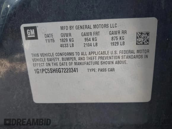 ✅ 2016 Chevrolet Cruze LS • VIN: 1G1PC5SH6G7220341 • Lot: 43466130. Listed on IAAI with 145,359 mi. Free auction sales archive from the USA and detailed vehicle history report at DreamBid. Image 9.