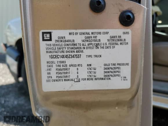 2005 Chevrolet Silverado 1500 Work Truck с VIN 1GCEC14X45Z347537, выставлен на аукционе Copart как лот 63269625 с пробегом 156 616 миль миль и Списание • Salvage title. История ставок и продаж доступна на DreamBid. Изображение 12.