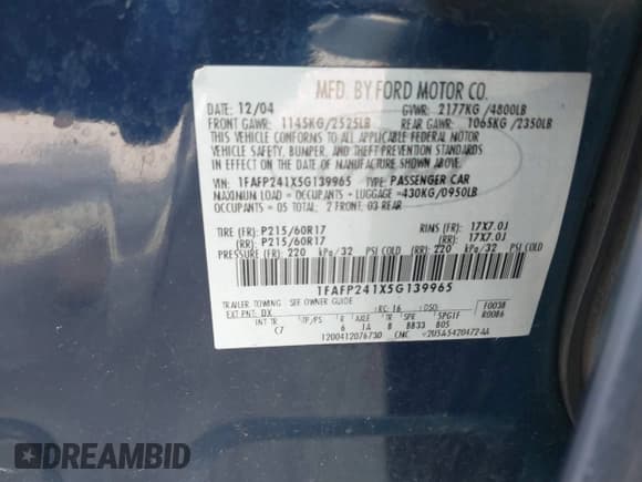 ✅ 2005 Ford Five Hundred SEL • VIN: 1FAFP241X5G139965 • Lot: 42240977. Listed on IAAI with 241,204 mi. Free auction sales archive from the USA and detailed vehicle history report at DreamBid. Image 9.