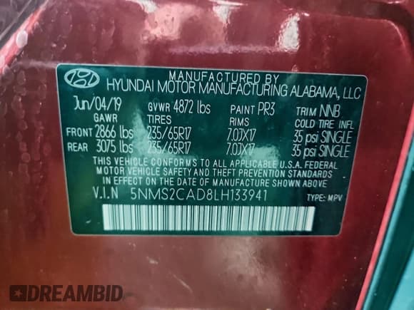 ✅ 2020 Hyundai Santa Fe SE • VIN: 5NMS2CAD8LH133941 • Lot: 94436045. Wystawiony na Copart z przebiegiem 85 349 mil. Bezpłatny archiwum sprzedaży aukcyjnych z USA i szczegółowy raport historii pojazdu na DreamBid. Zdjęcie 13.