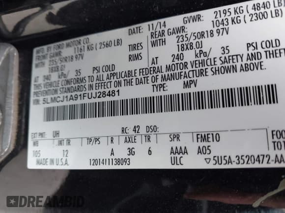 ✅ 2015 Lincoln MKC • VIN: 5LMCJ1A91FUJ28481 • Лот: 43657647. Опубликован ранее на IAAI с пробегом 236 847 миль. Бесплатный доступ к архиву аукционных продаж из США и подробный отчёт об истории автомобиля на DreamBid. Изображение 9.