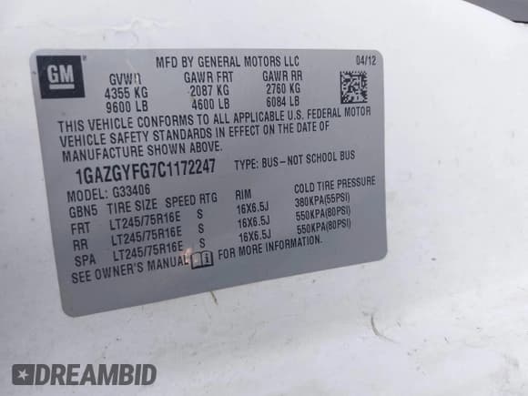 ✅ 2012 Chevrolet Express Passenger 1LT • VIN: 1GAZGYFG7C1172247 • Lot: 41983930. Listed on IAAI with 187,895 mi. Free auction sales archive from the USA and detailed vehicle history report at DreamBid. Image 9.