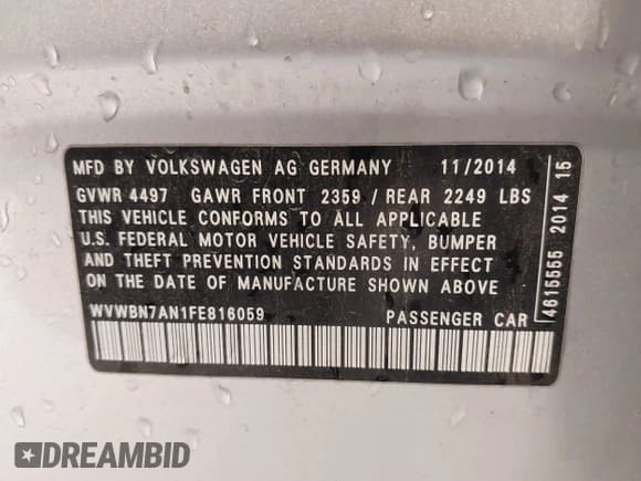 ✅ 2015 Volkswagen CC Sport • VIN: WVWBN7AN1FE816059 • Лот: 41857589. Опубликован ранее на IAAI с пробегом 172 854 миль. Бесплатный доступ к архиву аукционных продаж из США и подробный отчёт об истории автомобиля на DreamBid. Изображение 9.