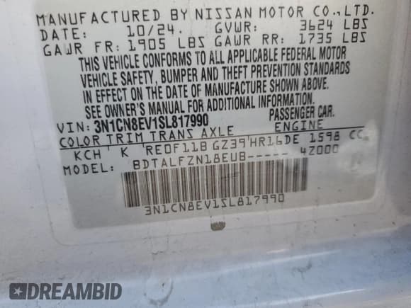 ✅ 2025 Nissan Versa SV • VIN: 3N1CN8EV1SL817990 • Lot: 91721325. Wystawiony na Copart z przebiegiem 30 556 mil. Bezpłatny archiwum sprzedaży aukcyjnych z USA i szczegółowy raport historii pojazdu na DreamBid. Zdjęcie 12.