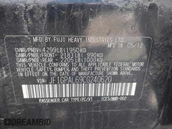 ✅ 2012 Subaru Impreza Special Sports Premium • VIN: JF1GPAL69CG240620 • Lot: 43329125. Listed on IAAI with 133,752 mi. Free auction sales archive from the USA and detailed vehicle history report at DreamBid. Image 9.