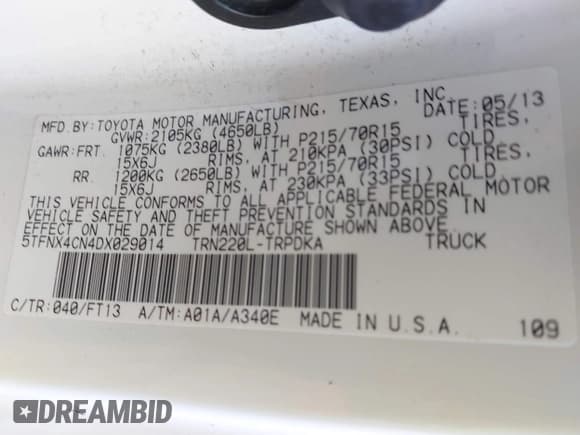✅ 2013 Toyota Tacoma • VIN: 5TFNX4CN4DX029014 • Lot: 43683251. Listed on IAAI with 130,720 mi. Free auction sales archive from the USA and detailed vehicle history report at DreamBid. Image 9.
