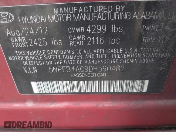 ✅ 2013 Hyundai Sonata GL • VIN: 5NPEB4AC9DH590482 • Lot: 41729895. Listed on IAAI with 194,151 mi. Free auction sales archive from the USA and detailed vehicle history report at DreamBid. Image 9.