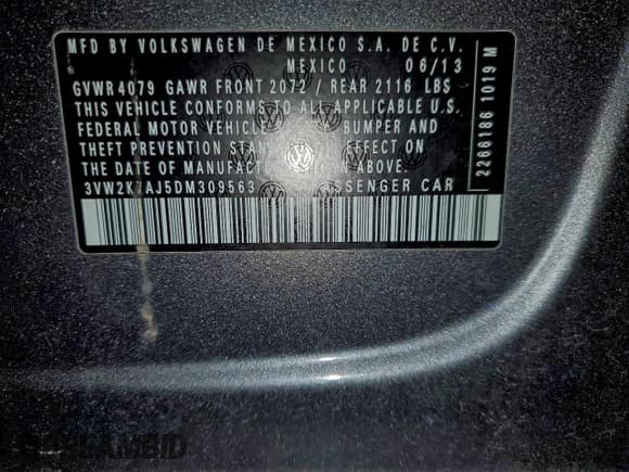 ✅ 2013 Volkswagen Jetta • VIN: 3VW2K7AJ5DM309563 • Lot: 94506205. Listed on Copart with 91,616 mi. Free auction sales archive from the USA and detailed vehicle history report at DreamBid. Image 12.