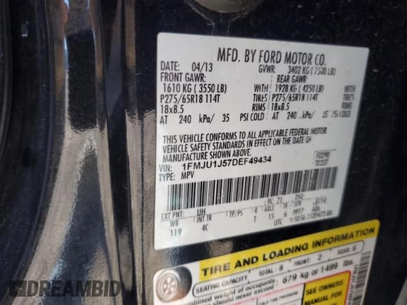 ✅ 2013 Ford Expedition XLT • VIN: 1FMJU1J57DEF49434 • Lot: 82689595. Listed on Copart with 191,046 mi. Free auction sales archive from the USA and detailed vehicle history report at DreamBid. Image 14.