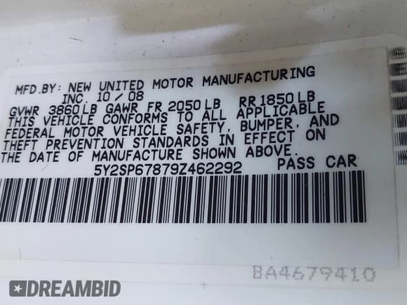 ✅ 2009 Pontiac Vibe 1SA • VIN: 5Y2SP67879Z462292 • Lot: 43221140. Listed on IAAI with 225,644 mi. Free auction sales archive from the USA and detailed vehicle history report at DreamBid. Image 9.