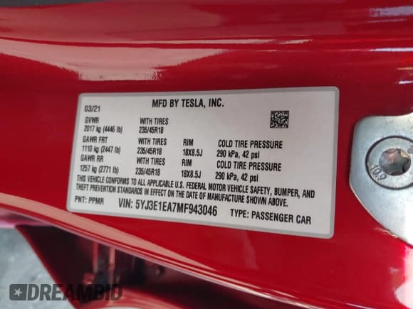 ✅ 2021 Tesla Model 3 Standard Range Plus • VIN: 5YJ3E1EA7MF943046 • Lot: 43677750. Listed on IAAI with 21,781 mi. Free auction sales archive from the USA and detailed vehicle history report at DreamBid. Image 9.