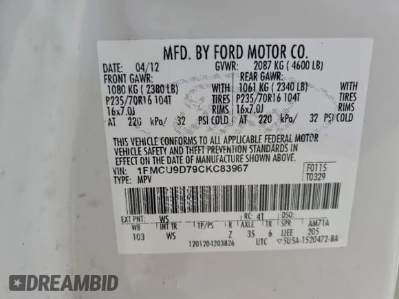 ✅ 2012 Ford Escape XLT • VIN: 1FMCU9D79CKC83967 • Lot: 93917355. Listed on Copart with 127,700 mi. Free auction sales archive from the USA and detailed vehicle history report at DreamBid. Image 13.