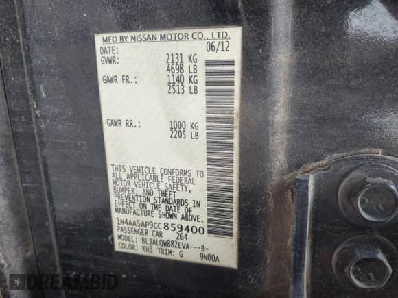 2012 Nissan Maxima S z VIN 1N4AA5AP9CC859400, wystawiony jako IAAI lot #42644386 z przebiegiem 152 043 mil mil oraz . Historia ofert i sprzedaży dostępna na DreamBid. Obrazek 9.