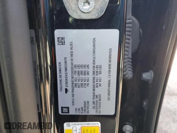 ✅ 2021 Chevrolet Suburban RST • VIN: 1GNSKEKD7MR219076 • Lot: 54423625. Listed on Copart with 60,601 mi. Free auction sales archive from the USA and detailed vehicle history report at DreamBid. Image 14.