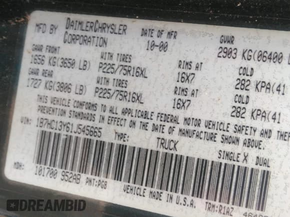 ✅ 2001 Dodge 1500 • VIN: 1B7HC13Y61J545665 • Lot: 42689476. Listed on IAAI with 195,690 mi. Free auction sales archive from the USA and detailed vehicle history report at DreamBid. Image 9.
