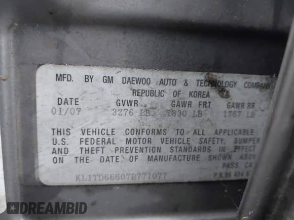 2007 Chevrolet Aveo LS with VIN KL1TD66607B771077, listed as a IAAI auction lot 43577902 with Not provided miles and . Bid and sale history available at DreamBid. Image 9.