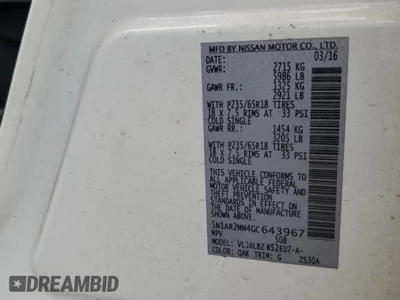 ✅ 2016 Nissan Pathfinder S • VIN: 5N1AR2MN4GC643967 • Lot: 57725755. Listed on Copart with 93,888 mi. Free auction sales archive from the USA and detailed vehicle history report at DreamBid. Image 13.