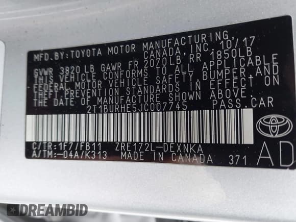 ✅ 2018 Toyota Corolla L • VIN: 2T1BURHE5JC007745 • Lot: 42145183. Listed on IAAI with 152,661 mi. Free auction sales archive from the USA and detailed vehicle history report at DreamBid. Image 9.