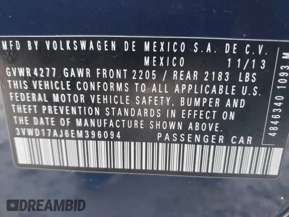 ✅ 2014 Volkswagen Jetta SE • VIN: 3VWD17AJ6EM396094 • Lot: 43898820. Listed on IAAI with 93,410 mi. Free auction sales archive from the USA and detailed vehicle history report at DreamBid. Image 9.