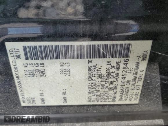 ✅ 2017 Nissan Maxima Platinum • VIN: 1N4AA6AP1HC452846 • Lot: 65389015. Listed on Copart with 127,946 mi. Free auction sales archive from the USA and detailed vehicle history report at DreamBid. Image 12.