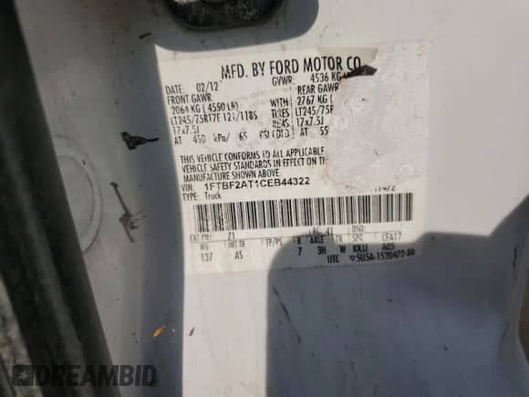 ✅ 2012 Ford F-250 XL • VIN: 1FTBF2AT1CEB44322 • Lot: 67774195. Listed on Copart with 344,981 mi. Free auction sales archive from the USA and detailed vehicle history report at DreamBid. Image 12.