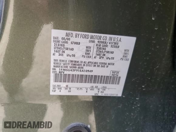 ✅ 2001 Ford Excursion Limited • VIN: 1FMSU43F91EA10949 • Lot: 51003325. Wystawiony na Copart z przebiegiem 252 341 mil. Bezpłatny archiwum sprzedaży aukcyjnych z USA i szczegółowy raport historii pojazdu na DreamBid. Zdjęcie 13.