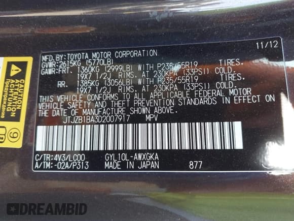 ✅ 2013 Lexus RX 450h • VIN: JTJZB1BA3D2007917 • Lot: 43501431. Listed on IAAI with 101,984 mi. Free auction sales archive from the USA and detailed vehicle history report at DreamBid. Image 9.