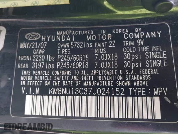 2007 Hyundai Veracruz GLS с VIN KM8NU13C37U024152, выставлен на аукционе IAAI как лот 41550416 с пробегом 249 370 миль миль и . История ставок и продаж доступна на DreamBid. Изображение 9.