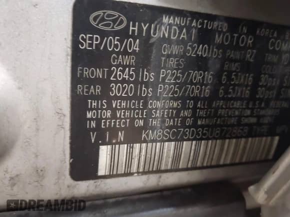 2005 Hyundai Santa Fe GLS z VIN KM8SC73D35U872868, wystawiony jako IAAI lot #41743487 z przebiegiem 215 408 mil mil oraz . Historia ofert i sprzedaży dostępna na DreamBid. Obrazek 9.