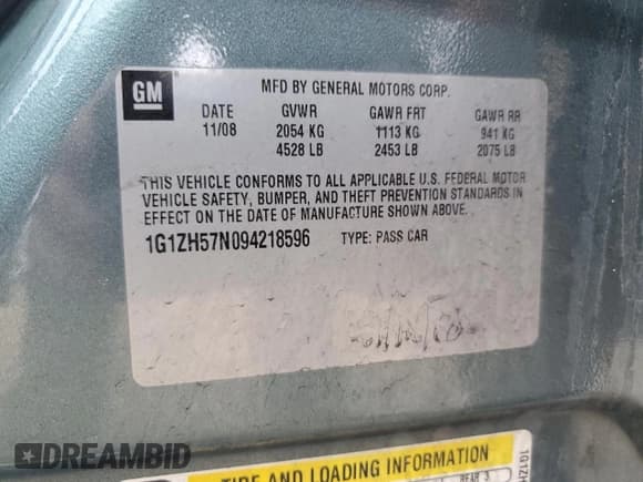 ✅ 2009 Chevrolet Malibu 1LT • VIN: 1G1ZH57N094218596 • Lot: 66172345. Listed on Copart with 176,116 mi. Free auction sales archive from the USA and detailed vehicle history report at DreamBid. Image 12.