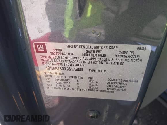 2009 Chevrolet Traverse LS z VIN 1GNER13DX9S175039, wystawiony jako IAAI lot #43450995 z przebiegiem 172 810 mil mil oraz . Historia ofert i sprzedaży dostępna na DreamBid. Obrazek 9.