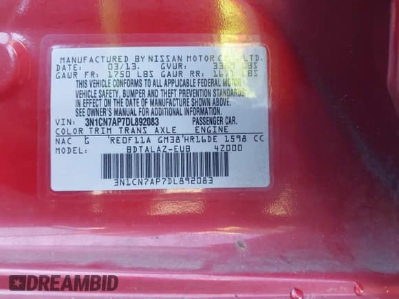 ✅ 2013 Nissan Versa SV • VIN: 3N1CN7AP7DL892083 • Lot: 41726757. Listed on IAAI with 104,299 mi. Free auction sales archive from the USA and detailed vehicle history report at DreamBid. Image 9.