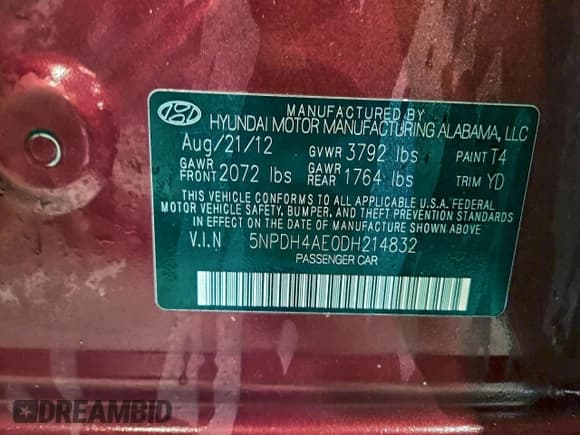 ✅ 2013 Hyundai Elantra GLS • VIN: 5NPDH4AE0DH214832 • Lot: 94895225. Listed on Copart with 107,619 mi. Free auction sales archive from the USA and detailed vehicle history report at DreamBid. Image 12.