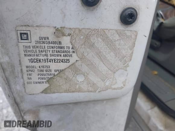 2000 Chevrolet Silverado 1500 LT с VIN 1GCEK19T4YE224325, выставлен на аукционе IAAI как лот 42456031 с пробегом 376 965 миль миль и . История ставок и продаж доступна на DreamBid. Изображение 9.