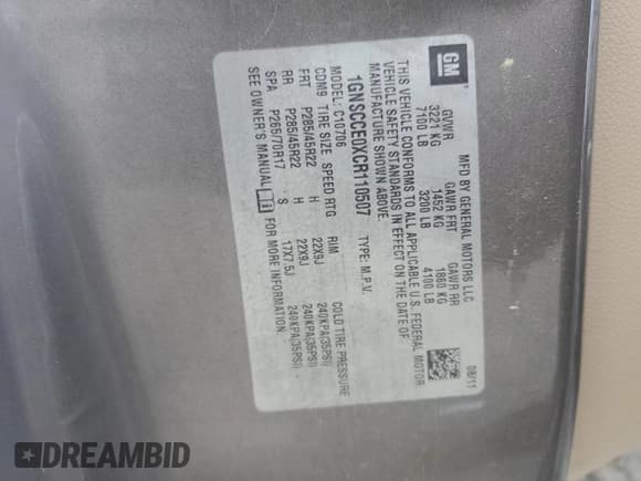 ✅ 2012 Chevrolet Tahoe LTZ • VIN: 1GNSCCE0XCR110507 • Lot: 54269535. Listed on Copart with 193,499 mi. Free auction sales archive from the USA and detailed vehicle history report at DreamBid. Image 14.