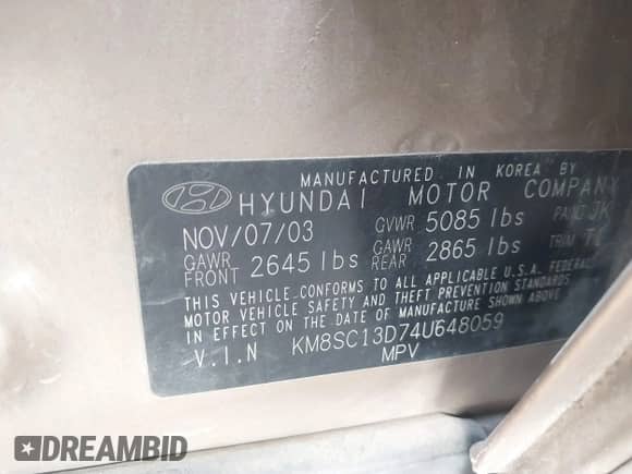 2004 Hyundai Santa Fe GLS с VIN KM8SC13D74U648059, выставлен на аукционе IAAI как лот 41674662 с пробегом 218 570 миль миль и . История ставок и продаж доступна на DreamBid. Изображение 9.