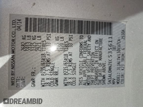 ✅ 2014 Infiniti QX60 • VIN: 5N1AL0MN2EC535611 • Lot: 43411597. Listed on IAAI with 158,531 mi. Free auction sales archive from the USA and detailed vehicle history report at DreamBid. Image 9.