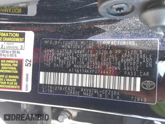 ✅ 2023 Toyota Camry SE • VIN: 4T1G11AKXPU744477 • Lot: 42722865. Listed on IAAI with 41,690 mi. Free auction sales archive from the USA and detailed vehicle history report at DreamBid. Image 9.