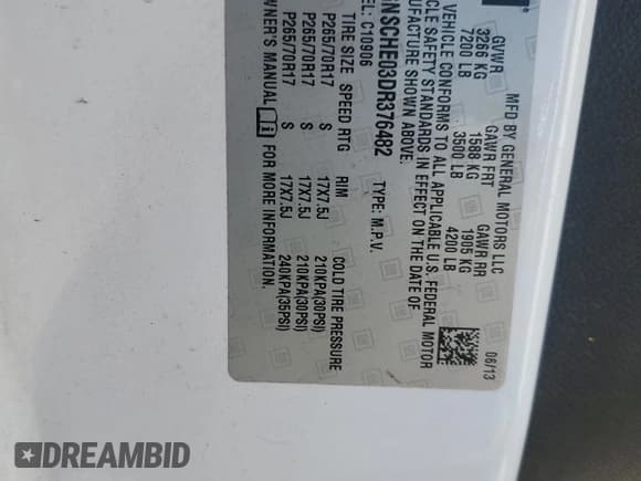 ✅ 2013 Chevrolet Suburban LS • VIN: 1GNSCHE03DR376482 • Lot: 88339325. Listed on Copart with 245,421 mi. Free auction sales archive from the USA and detailed vehicle history report at DreamBid. Image 13.