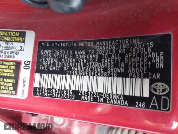 ✅ 2015 Toyota Corolla L • VIN: 2T1BURHE0FC428716 • Lot: 43669019. Listed on IAAI with 118,691 mi. Free auction sales archive from the USA and detailed vehicle history report at DreamBid. Image 9.