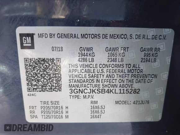 2019 Chevrolet Trax LS с VIN 3GNCJKSB4KL115282, выставлен на аукционе IAAI как лот 43408337 с пробегом 169 454 миль миль и . История ставок и продаж доступна на DreamBid. Изображение 9.