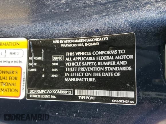 ✅ 2019 Aston Martin DB11 • VIN: SCFRMFCWXKGM06913 • Лот: 43062865. Опубликован ранее на Copart с пробегом 34 383 миль. Бесплатный доступ к архиву аукционных продаж из США и подробный отчёт об истории автомобиля на DreamBid. Изображение 12.