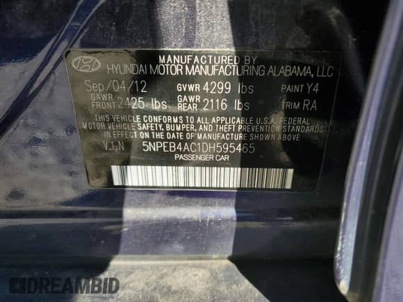 2013 Hyundai Sonata GLS with VIN 5NPEB4AC1DH595465, listed as a Copart auction lot 84443315 with 204,169 mi miles and Clean title. Bid and sale history available at DreamBid. Image 12.