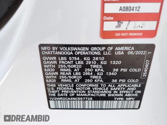 ✅ 2022 Volkswagen Atlas SE • VIN: 1V2WR2CA4NC557725 • Lot: 43472311. Wystawiony na IAAI z przebiegiem 23 725 mil. Bezpłatny archiwum sprzedaży aukcyjnych z USA i szczegółowy raport historii pojazdu na DreamBid. Zdjęcie 9.